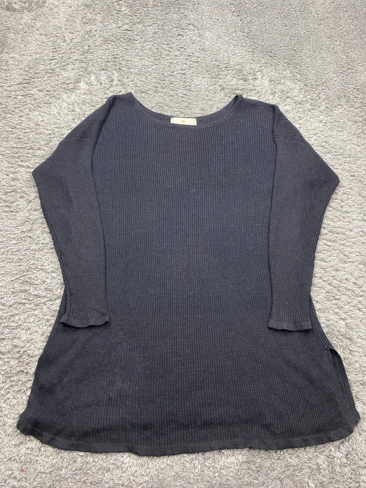 Vtg Express Tricot Sweater Women Medium Black Ribbed Ramie Pullover Tunic 80s