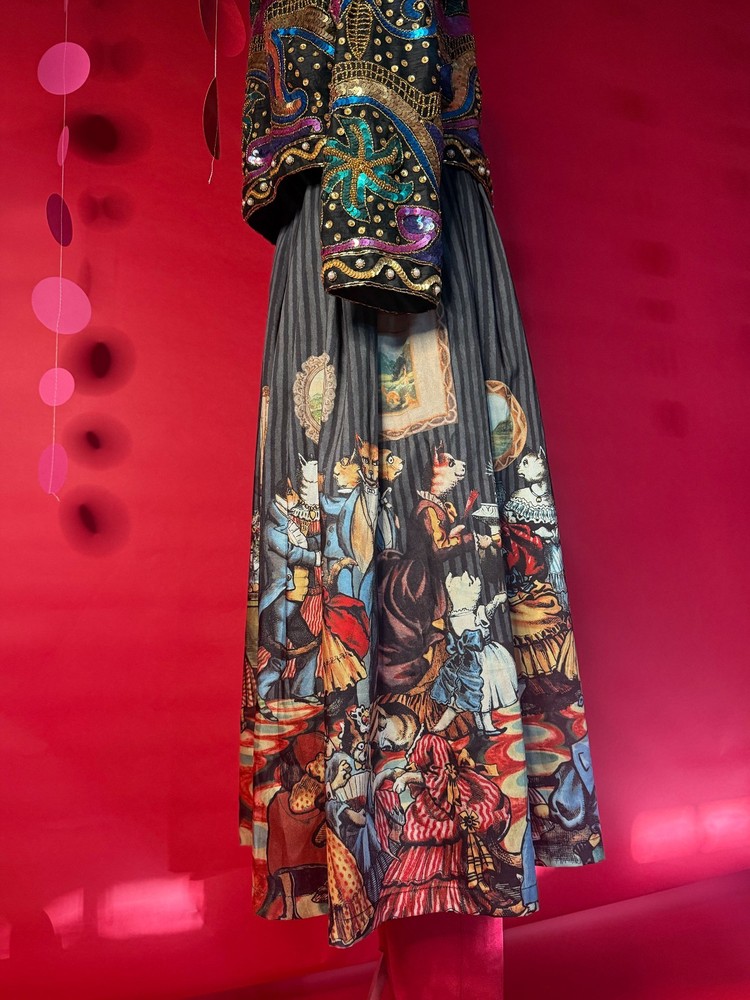 Elf Sack Illustrated Storybook Midi Skirt – Size M – Whimsical Cat Party Print