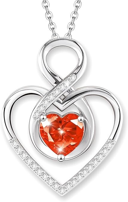 925 Sterling Silver Heart Necklace – Red Infinity Pendant w/ Birthstone | Gift