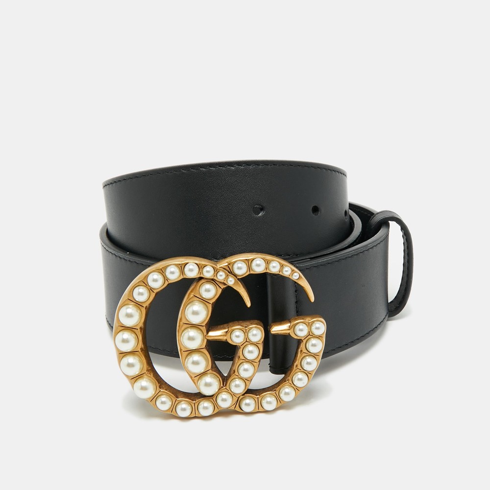 Gucci Black Leather Belt with Pearl Embellished Double G Buckle 80cm