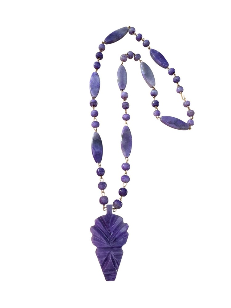 Vintage Art Deco Style Purple Carved Stone Statement Necklace Gold Tone