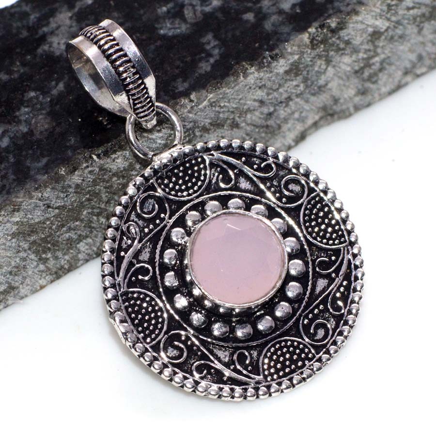 925 Silver Plated Pink Chalcedony Round Pendant 1.7 Inch Jewelry