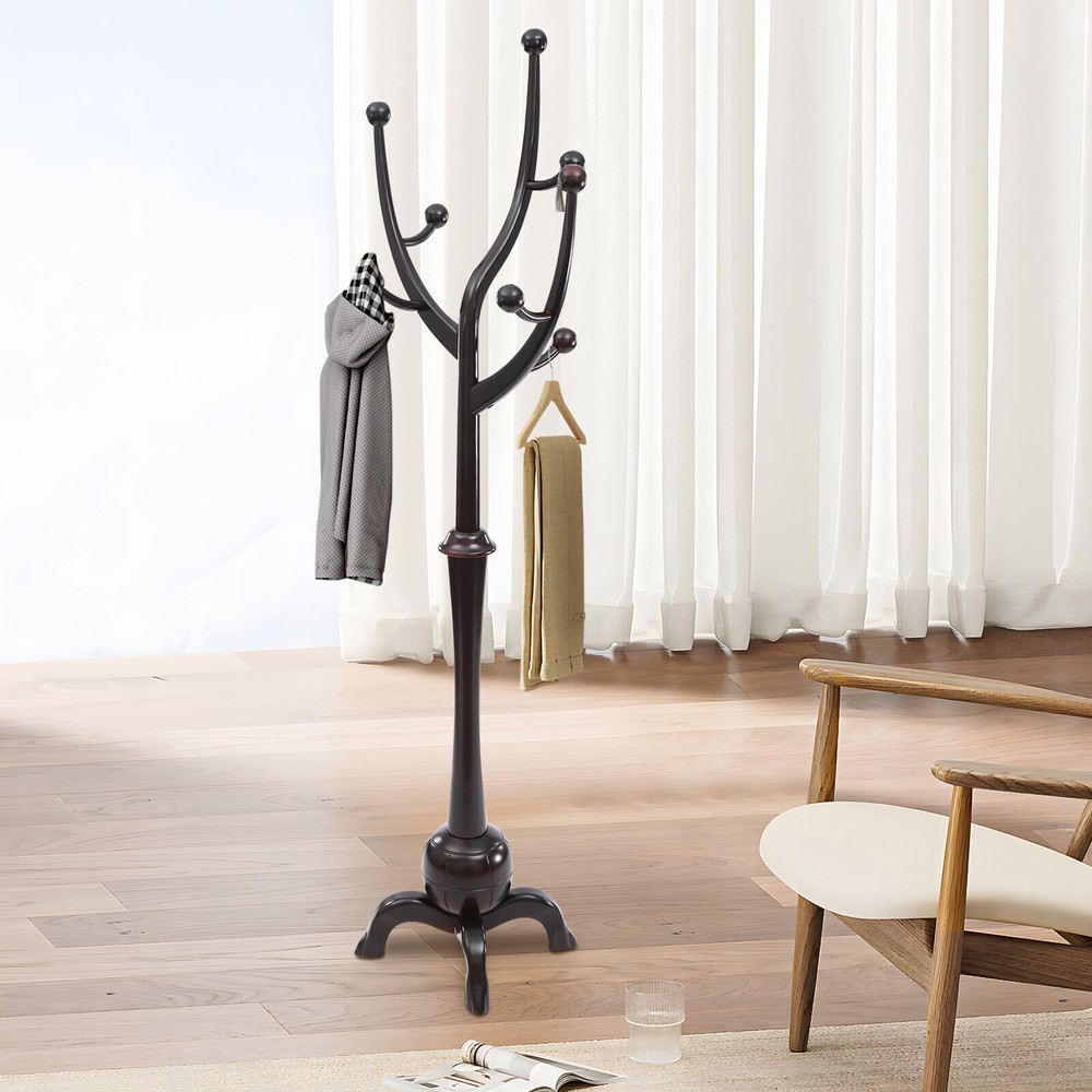 Wooden Freestanding Clothes Rack with 8 Hooks for Bedroom Coat Hat Storage