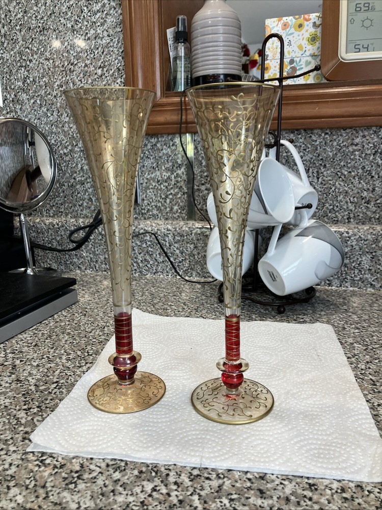 2 Pier 1 Red & Gold Champagne Flutes with Hand-Painted Scrolls - Elegant & Stunning