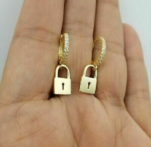 Round Cut Simulated Diamond Lock Drop/Dangle Earrings In 14k Yellow Gold Plated