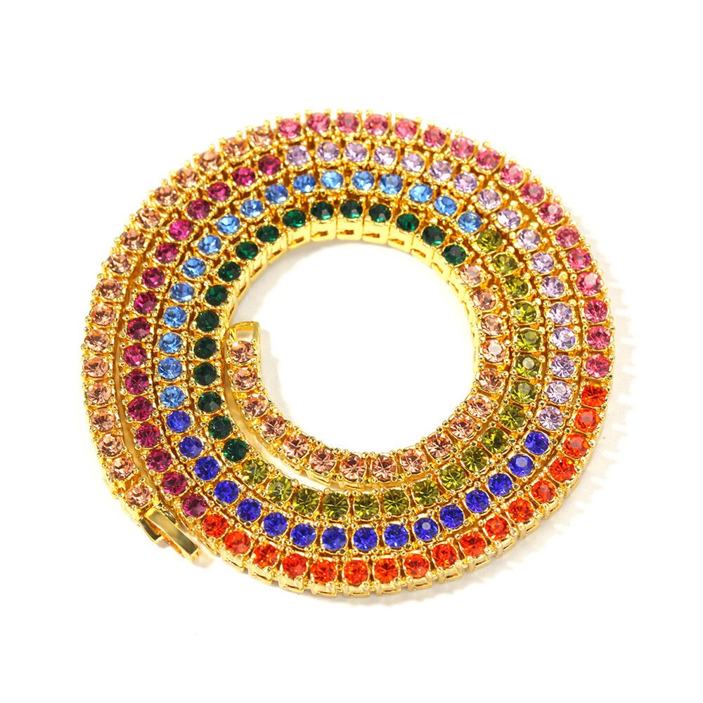 Hip Hop Colorful Zircon Tennis Chain Necklace 18K Gold Plated for Men and Women