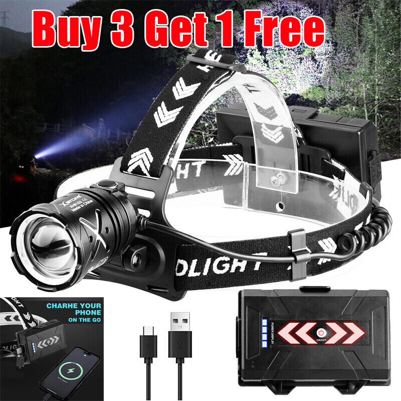 Linterna Frontal LED Super brillante Recargable USB Lampara de Cabeza Con Zoom~