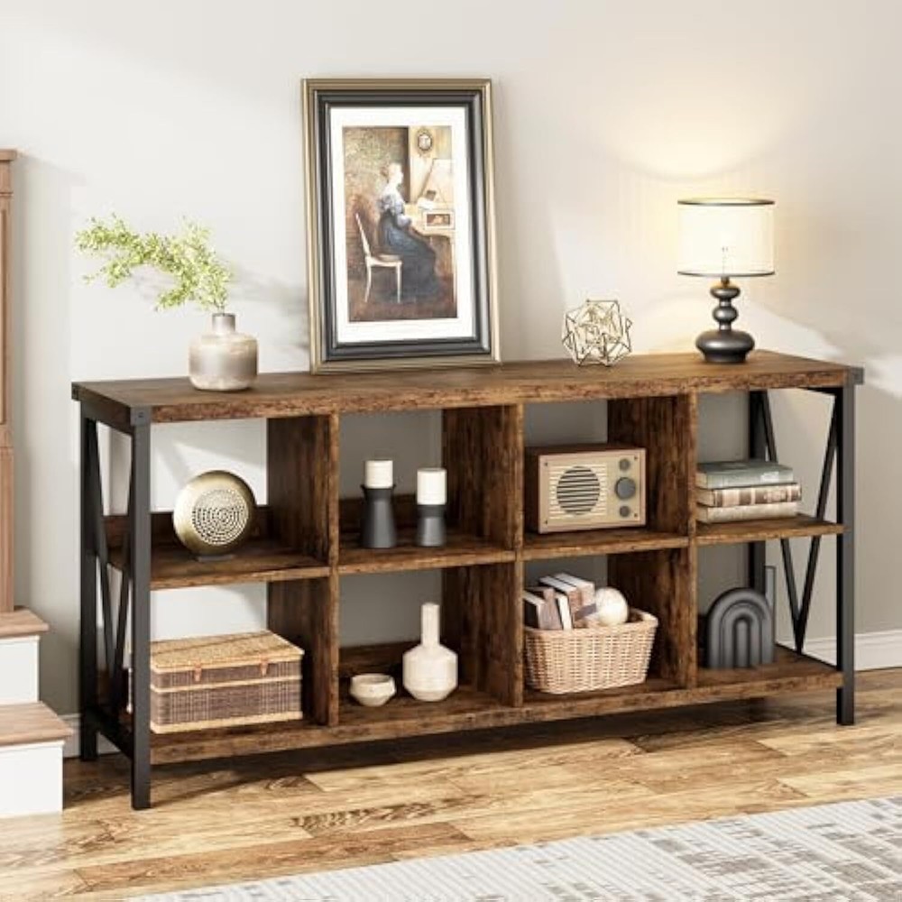 Industrial 3-Tier Entryway Console Table with 8-Cube Storage