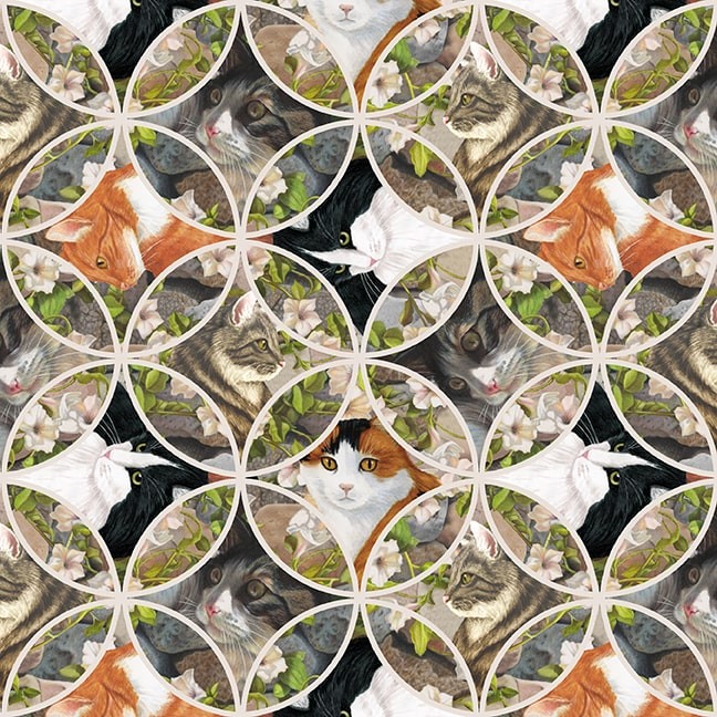 Whimsical Cat Circle Animal Fabric with Floral Petals for Blank YARD Projects
