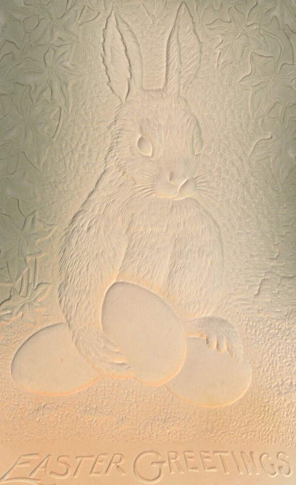 1908 Cute Bunny Rabbit Guarding Easter Eggs Airbrushed Heavy Embossed Postcard