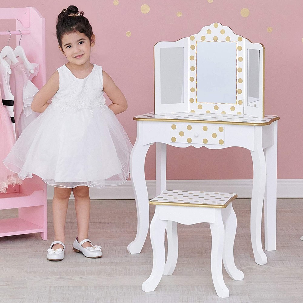 Kids Girls Vanity Table Dressing Table Makeup Mirror With Drawers Children Gifts
