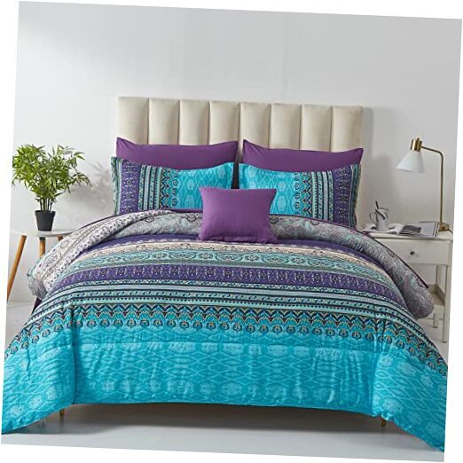 Boho Comforter Set Size 8 Piece Bed in a Bag Bohemian Striped Bedding Full Aqua