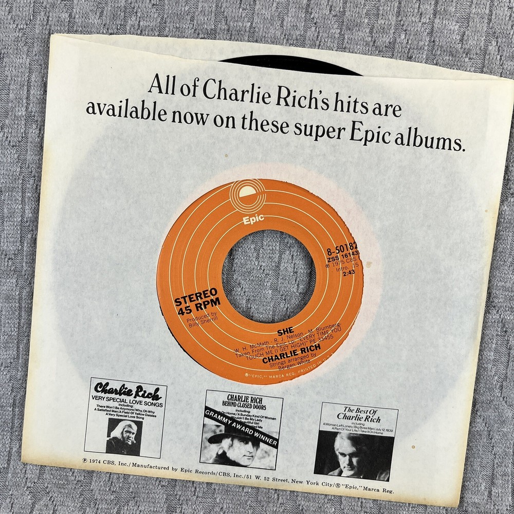 Vintage 45 RPM record Charlie Rich Epic Records Country Western Rhythm Blues