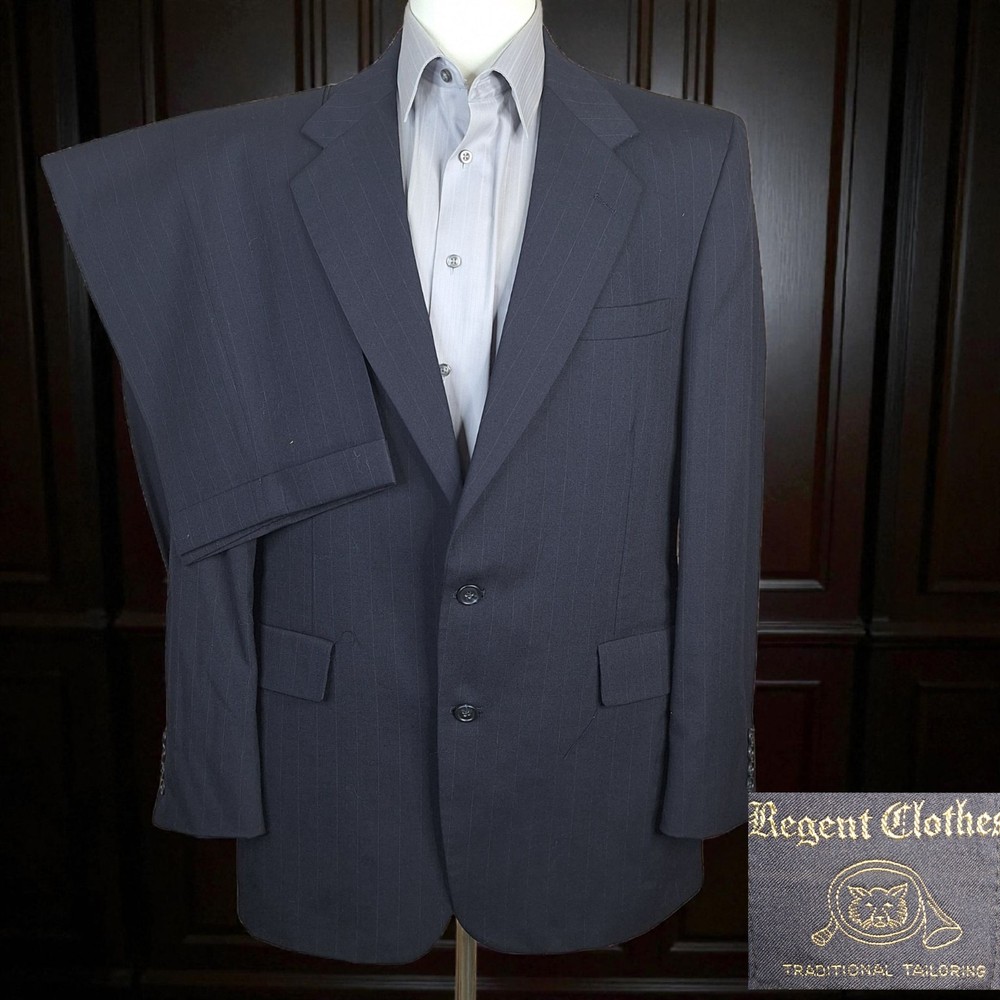 Regent Clothes Vintage 2 Piece Suit Mens 43L 34X31 Dark Navy Stripe SV