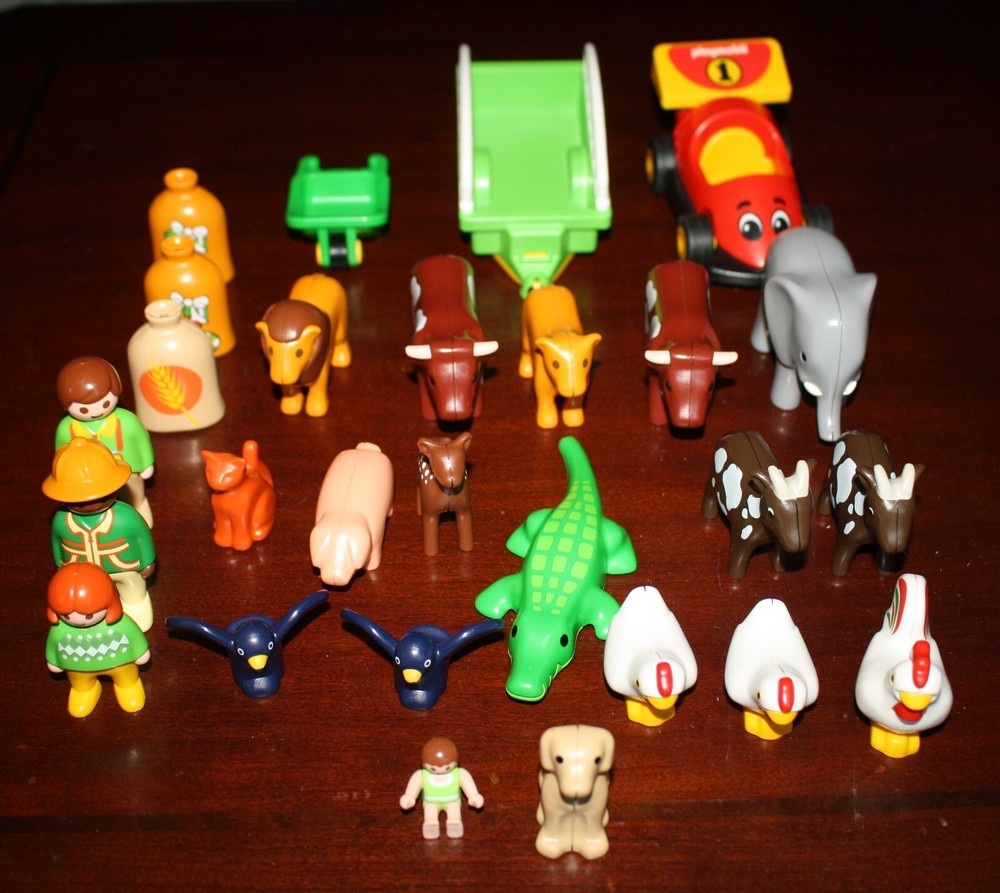 PLAYMOBIL FIGURES LOT OF 28 1990S MIX CHILDREN ADULTS ANIMALS Racecar Farm equip