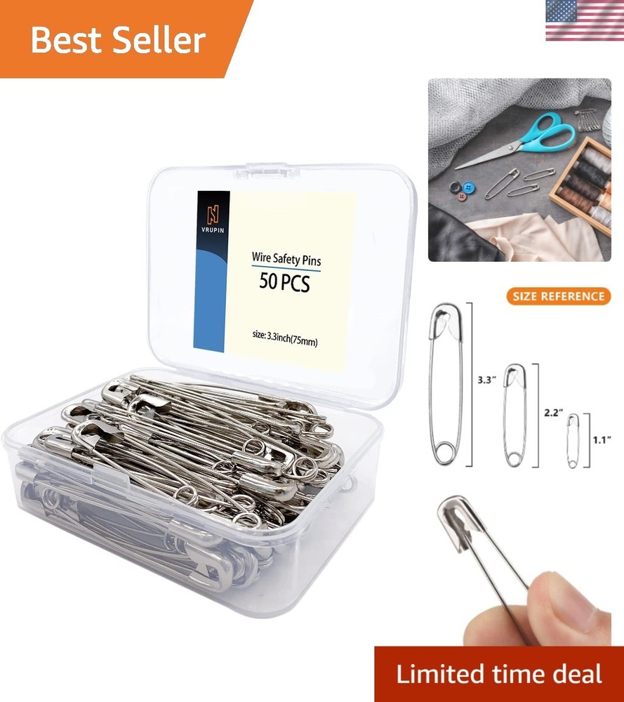 50-Pack 3 Inch Heavy Duty Stainless Steel Safety Pins - Reusable & Durable