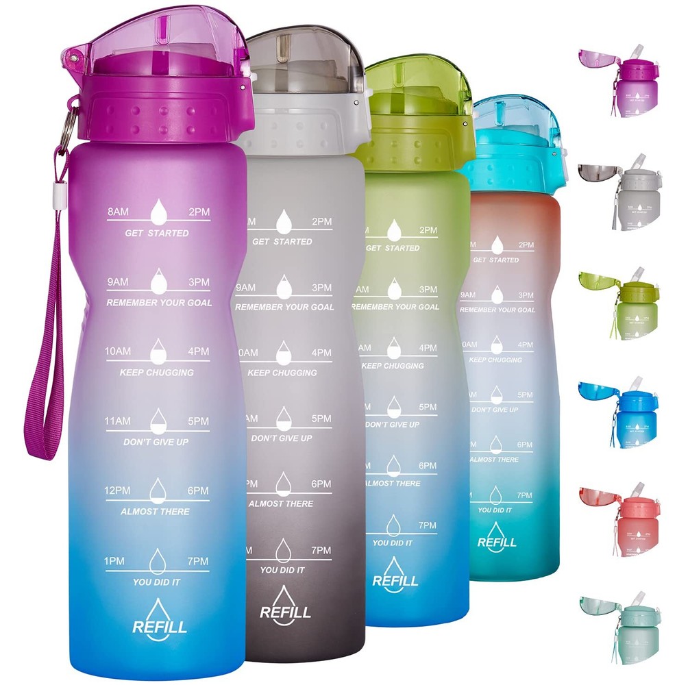 32 oz Motivational Water Bottle with Time Marker & Straw to Drink– Leak proof...
