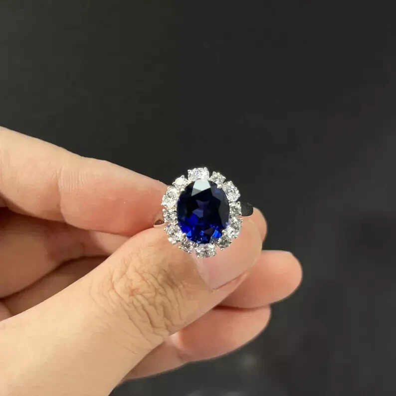 3.30 Ct Oval Cut Natural Sapphire & Diamond Wedding Ring 14K White Gold Solid