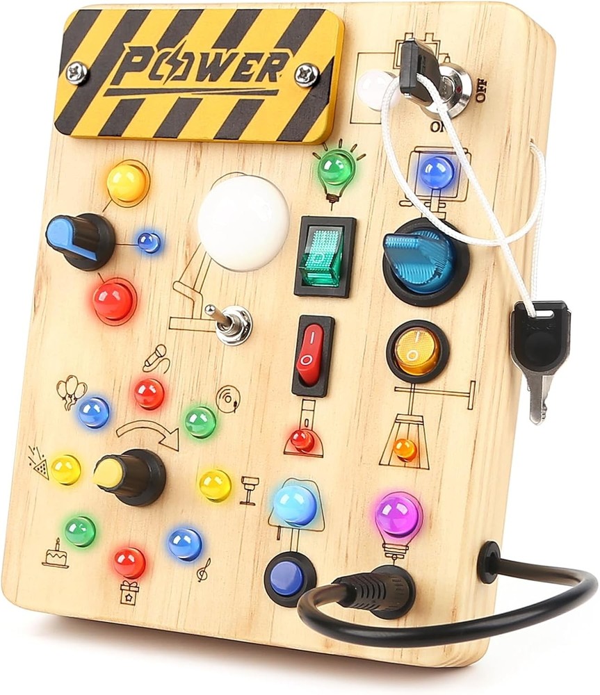 Joyreal Montessori Wooden Busy Board with LED Lights for Toddlers Sensory Play