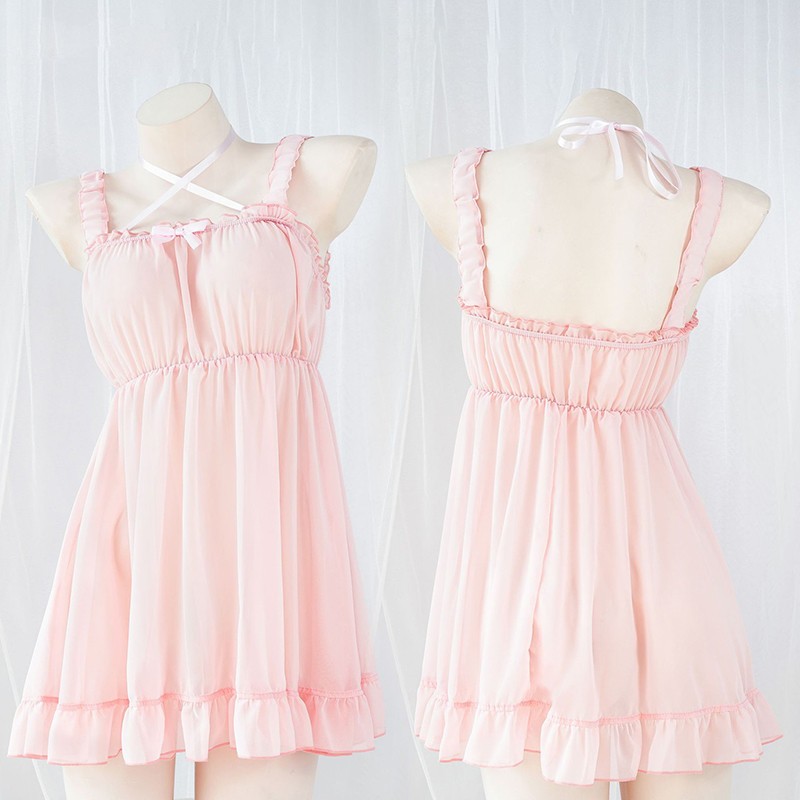 Sexy Womens Lingerie Chiffon Nightwear Sleepwear Cute Maid Slip Dress Nightdress