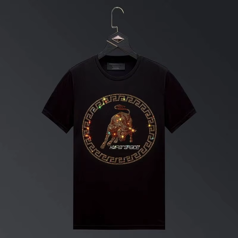 New Fashion Bull Rhinestone Summer Short Sleeve Luxury Men Streetwear T-Shirt