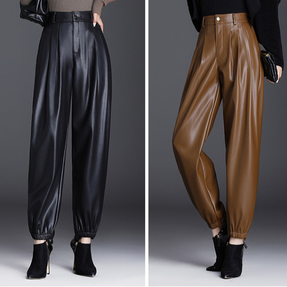 Women's Faux Leather Tapered Trousers with Fleece Lining and Frill Pleats