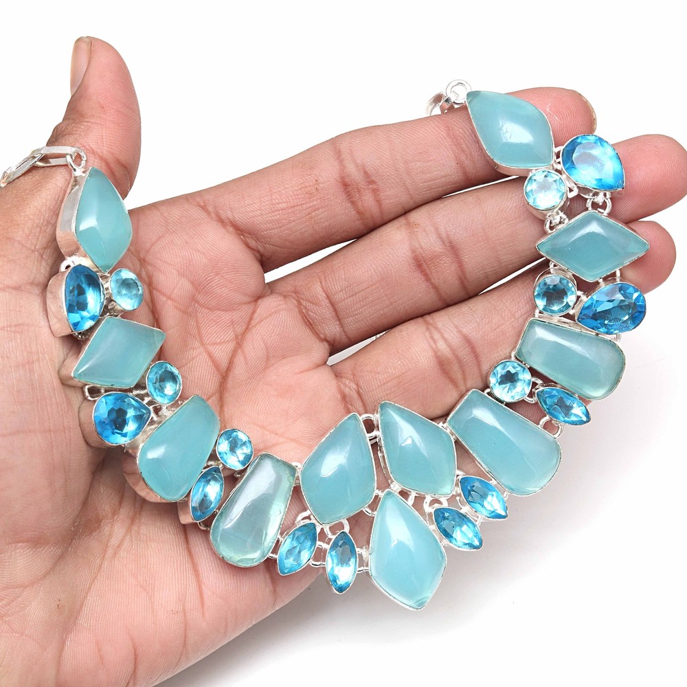Blue Chalcedony Swirl Gemstone Necklace 18-20 Inch Birthday Gift Jewelry