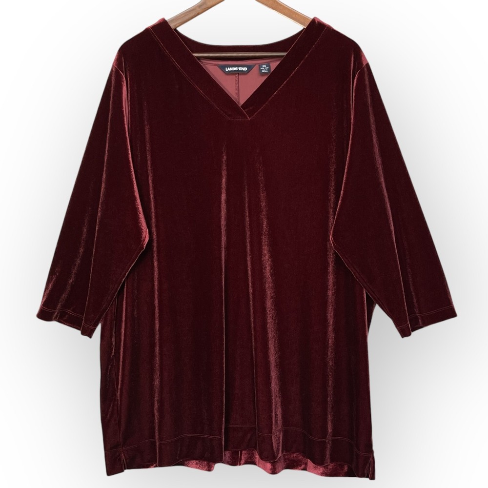 Lands End Womens Purple Velvet Tunic Top 2X V Neck 3/4 Sleeve Pullover