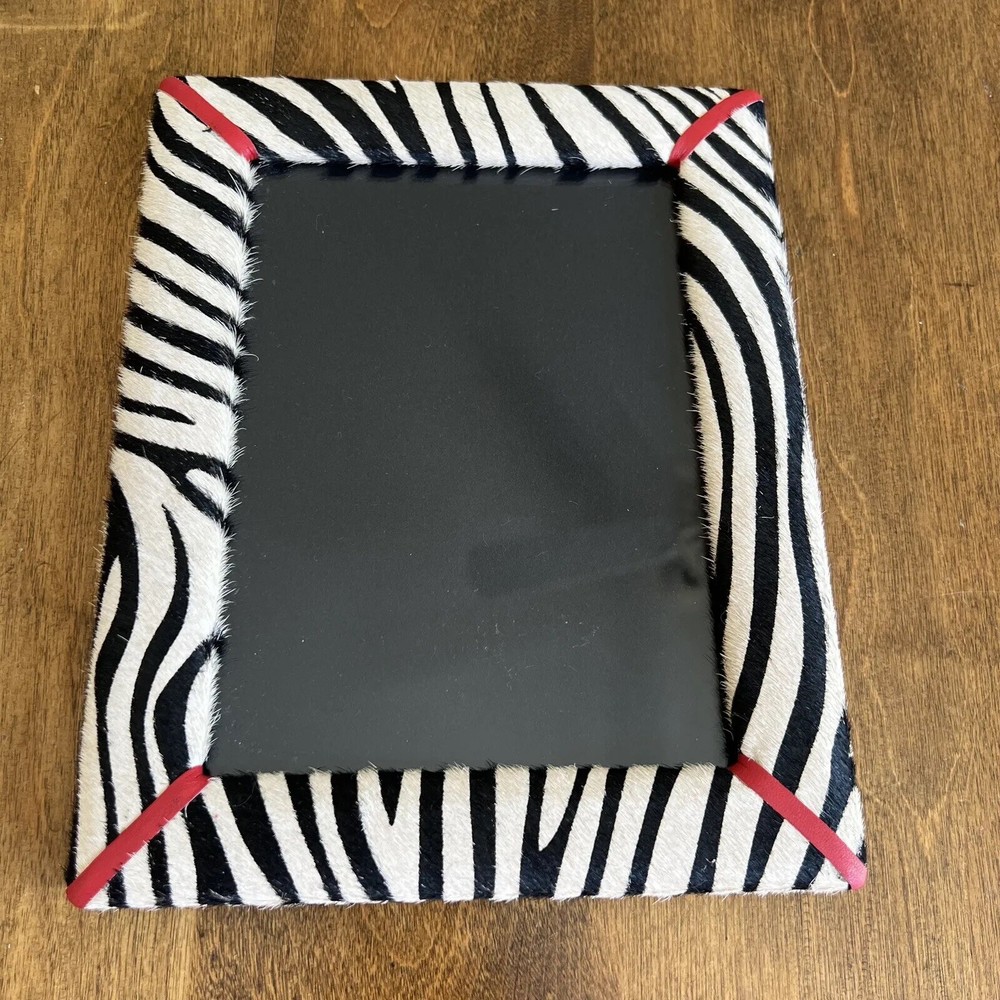 J McLaughlin 5 x 7 Zebra Print Picture Frame Black White Red Pony Hair Leather