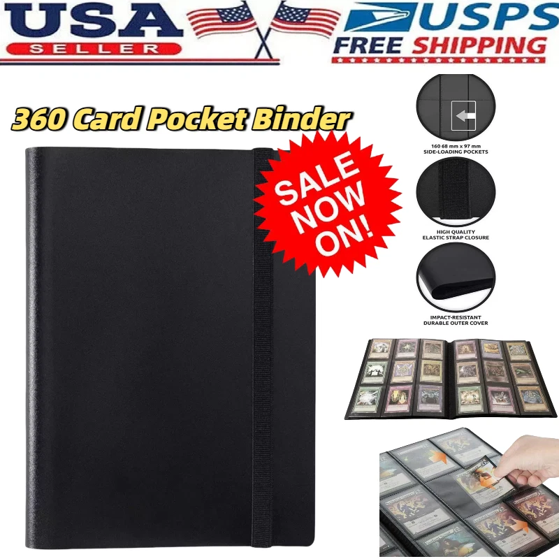 360 Card Pocket Binder with Elastic 9 Pocket Trading Cards Album Folder Black US