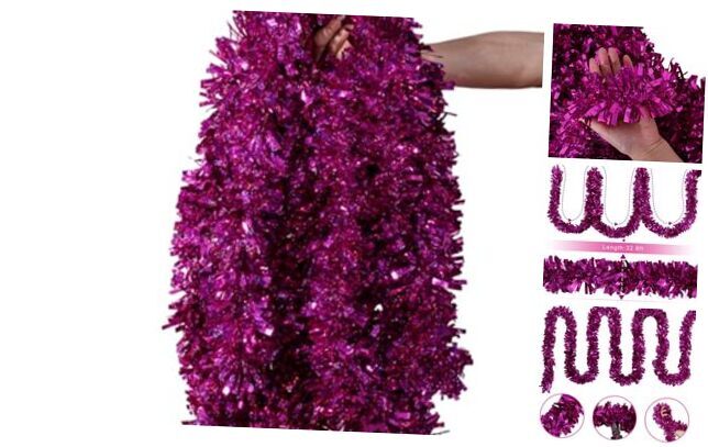 32.8 Ft Christmas Tinsel Garland Shiny Metallic Decorations for Birthday, Pink