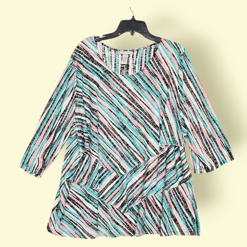 Catherines Top Womens 3X Geometric Stripes Layered Colorful 3/4 Sleeve