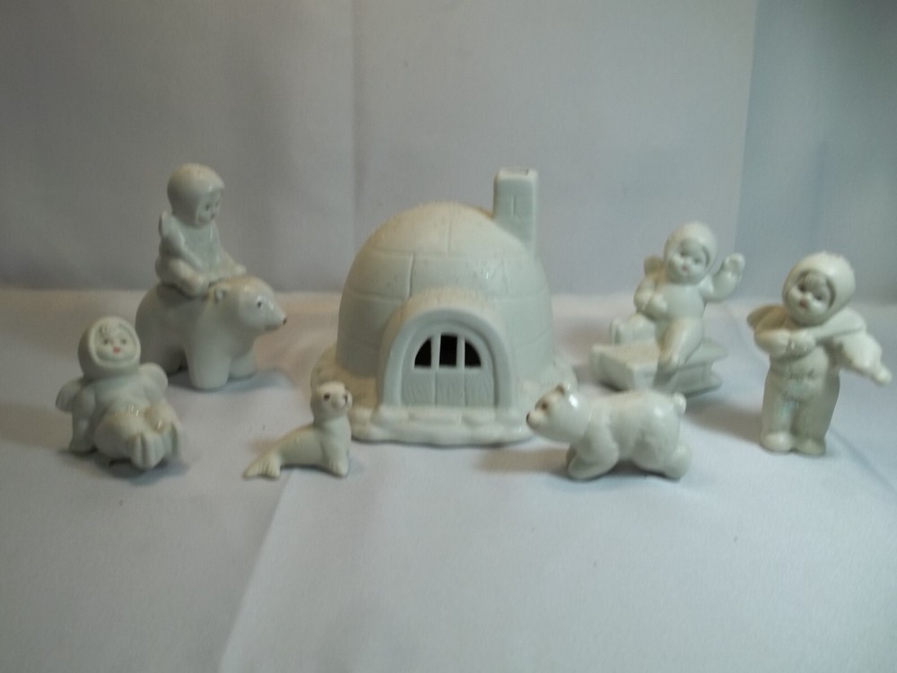 Vintage Jade Porcelain Snow Babies Igloo with Animals and Children