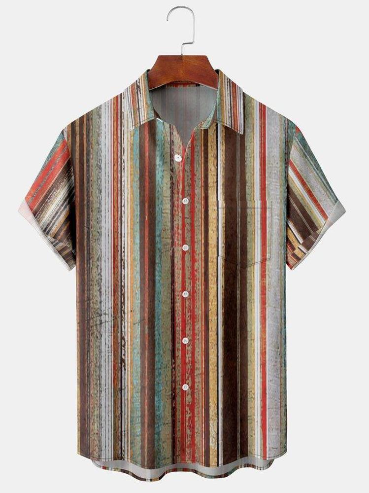 Menx27s Vintage Striped Print Casual Breathable Hawaiian Short Sleeve Shir