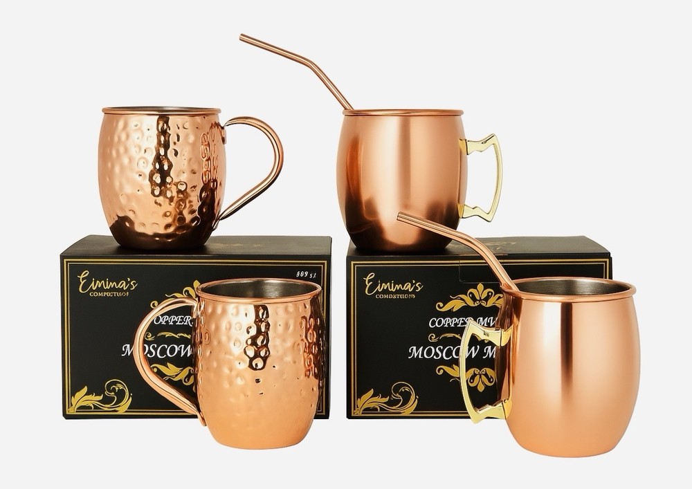 6-Piece Copper Moscow Mule Mug Set with 16oz Hammered & Smooth Cups and Straws