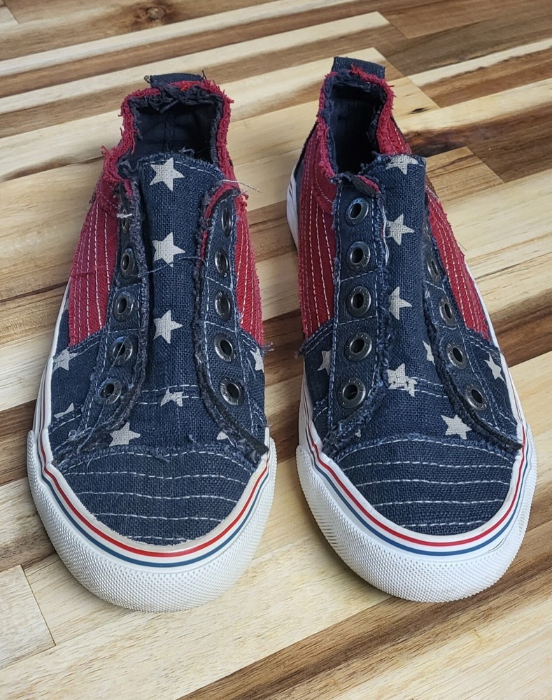 Blowfish Play Navy Star Canvas Slip On Sneakers Distressed Frayed Shoes Size 6.5
