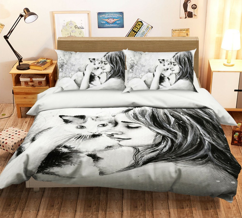 3D Painting Girl Cat ZHUA29 Bed Pillowcases Quilt Duvet Cover Set Queen King Amy