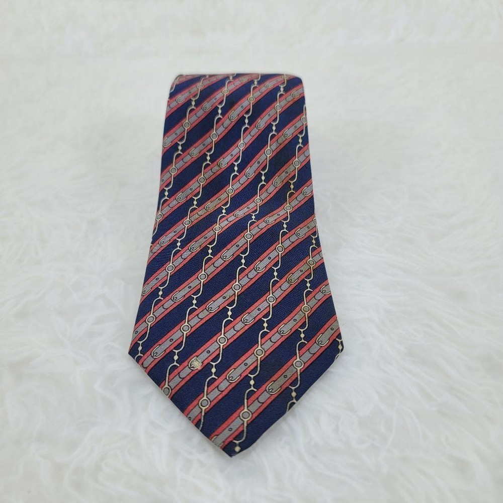HERMES Men's Navy Red Silver All-Over Belt Pattern Necktie Made in France