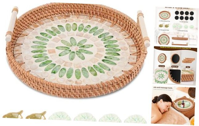 Round Rattan Serving Tray with Mother of Pearl Inlay and Handle, Hand Woven