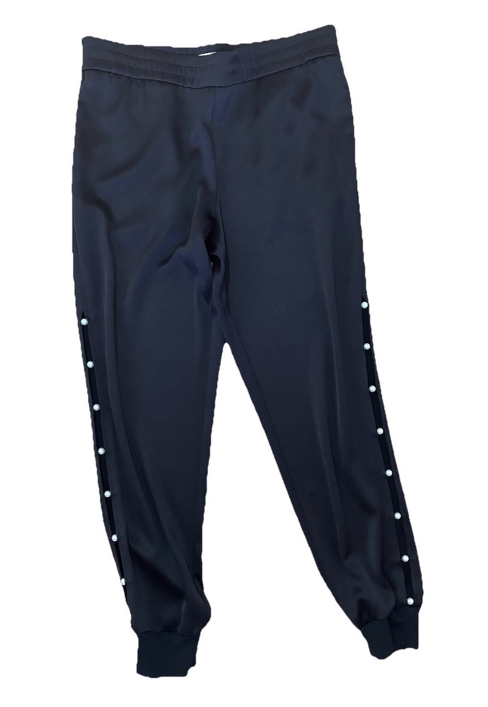 Alice + Olivia XS Black Satin Pearl Pete Joggers Cutout Silky Button Side