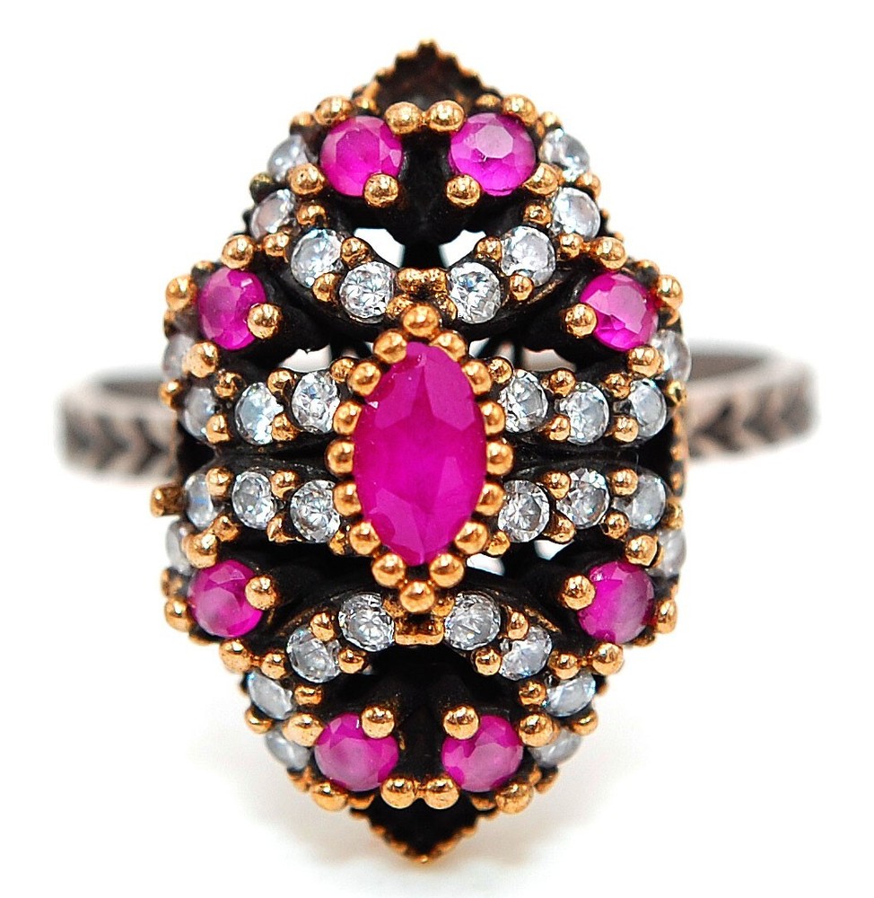 1CT Treated Ruby Ottoman Empire Style 925 Sterling Silver Ring Sz 7 HB3-1