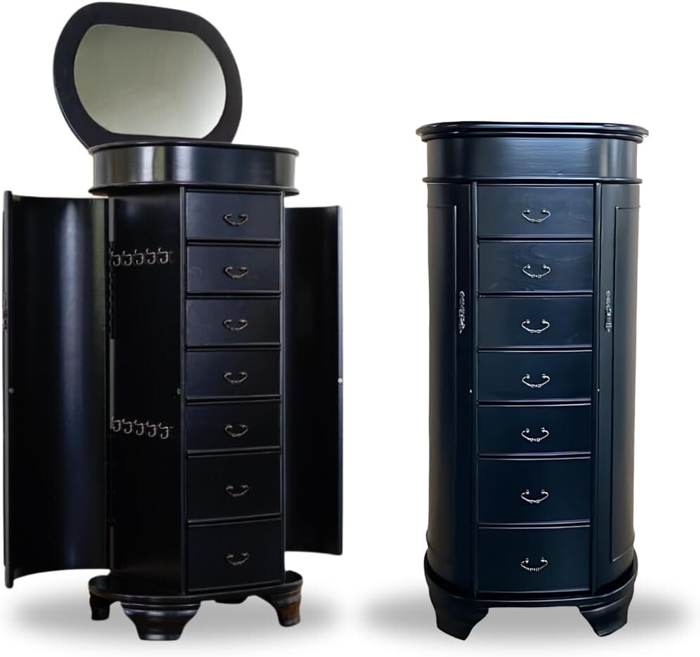 Elegant Black 7-Drawer Jewelry Armoire with Mirror and Anti-Tarnish Felt