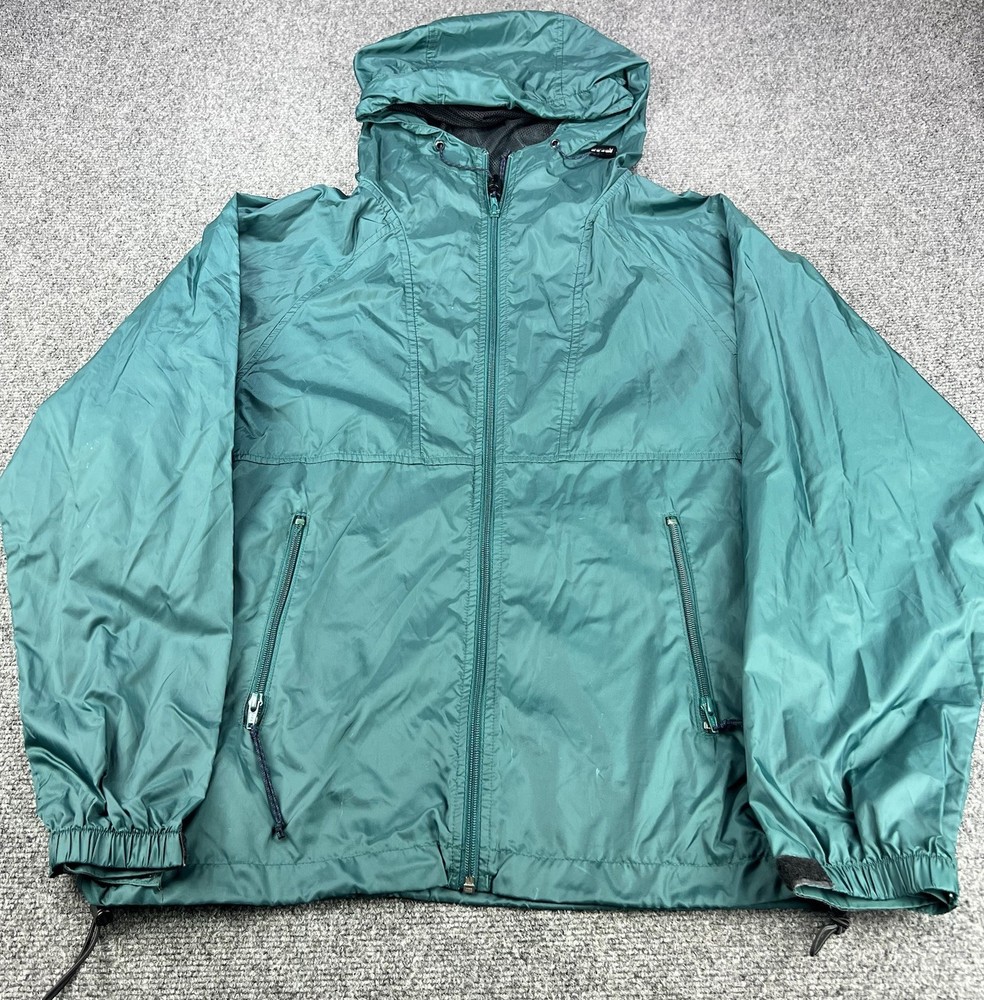 Vintage REI Rain Coat Jacket Medium Green Full Zip Hooded Windbreaker Mens 90s