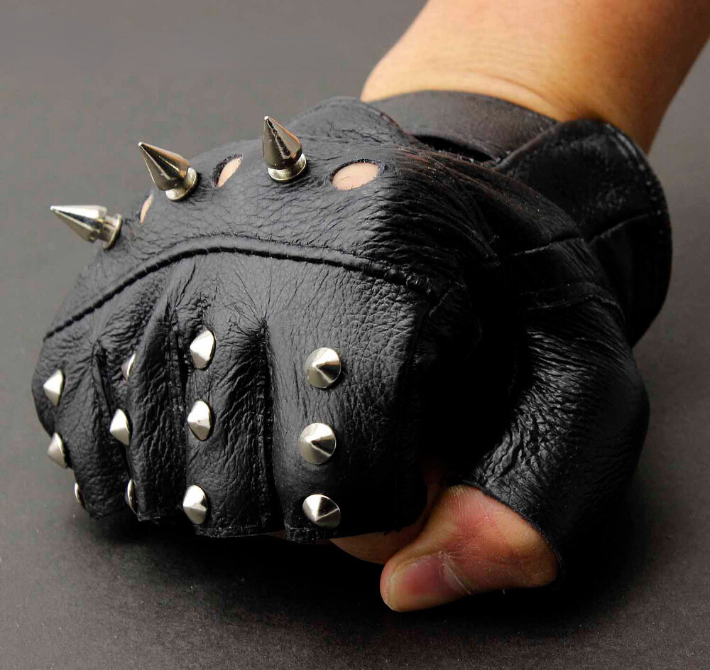 Men's Punk Biker Gloves - Leather with Metal Studs & Fingerless Design