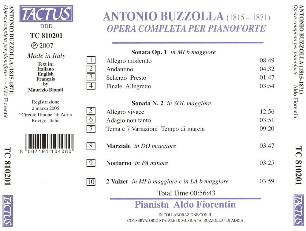 ALDO FIORENTIN BUZZOLLA Complete Piano Works New CD