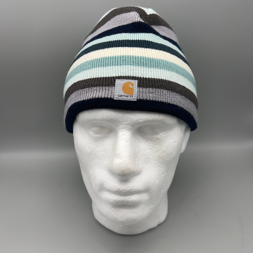 Carhartt Adult One Size Blue Striped Fleece Knit Beanie for Winter Warmth