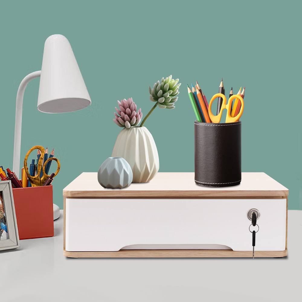 Desktop Storage Box w/ Lockable Drawer Wooden Office Supplies Drawer Organizer