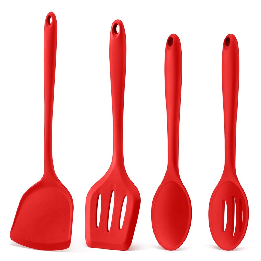 Red Kitchen Utensil Set, 4 Pieces Non-stick Silicone Cooking Utensils, Heat-r...