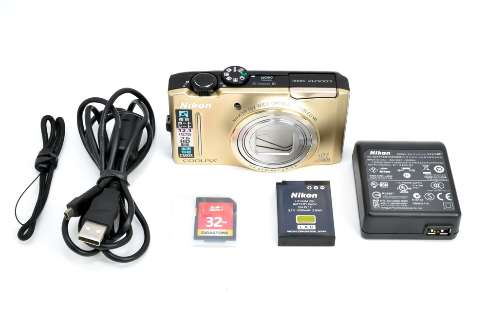 Nikon COOLPIX S8100 12.1MP Digital Camera with 10x Zoom, Gold Finish, SD Card, and Strap JAPAN