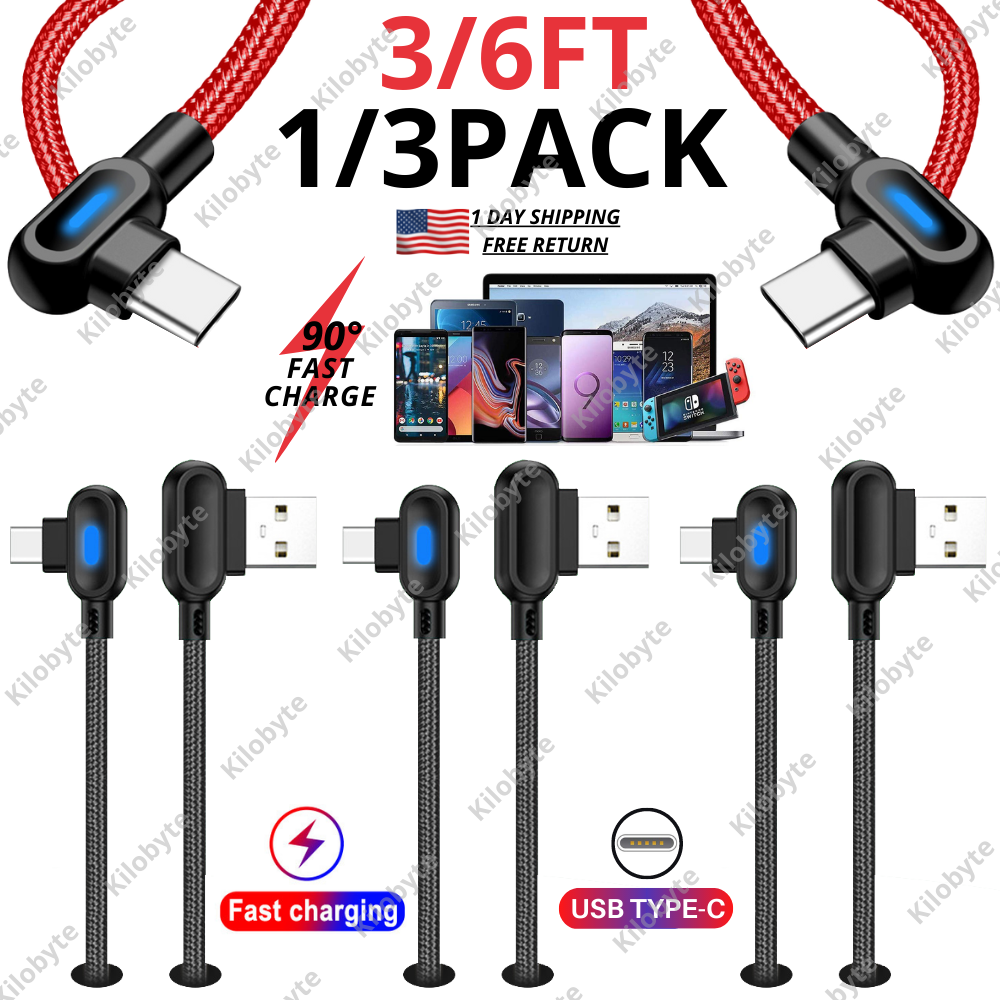 1/3Pcs 90 Degree Angle USB-A to USB-C Charger Cable Fast Charging Type Sync Cord